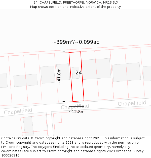 24, CHAPELFIELD, FREETHORPE, NORWICH, NR13 3LY: Plot and title map