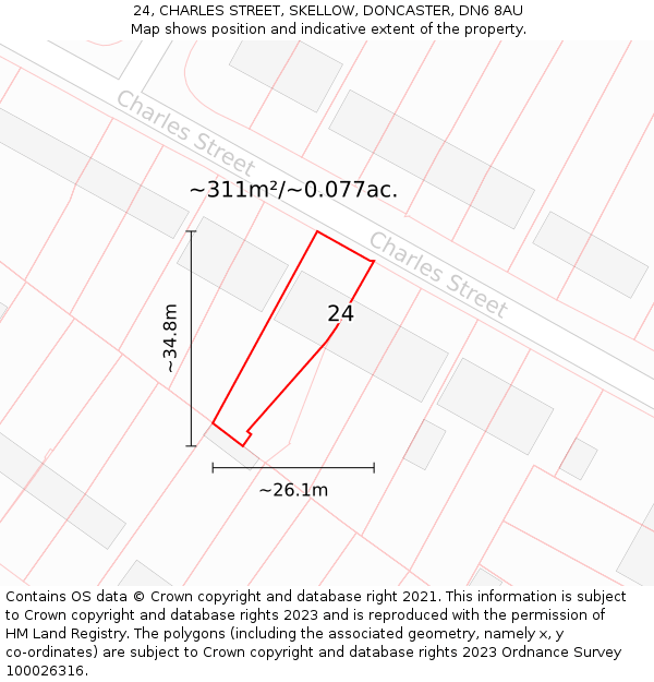 24, CHARLES STREET, SKELLOW, DONCASTER, DN6 8AU: Plot and title map
