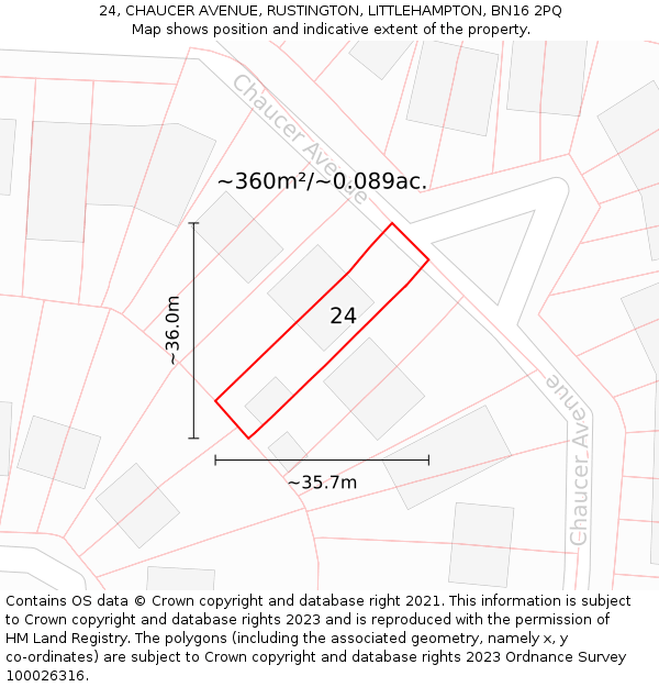 24, CHAUCER AVENUE, RUSTINGTON, LITTLEHAMPTON, BN16 2PQ: Plot and title map