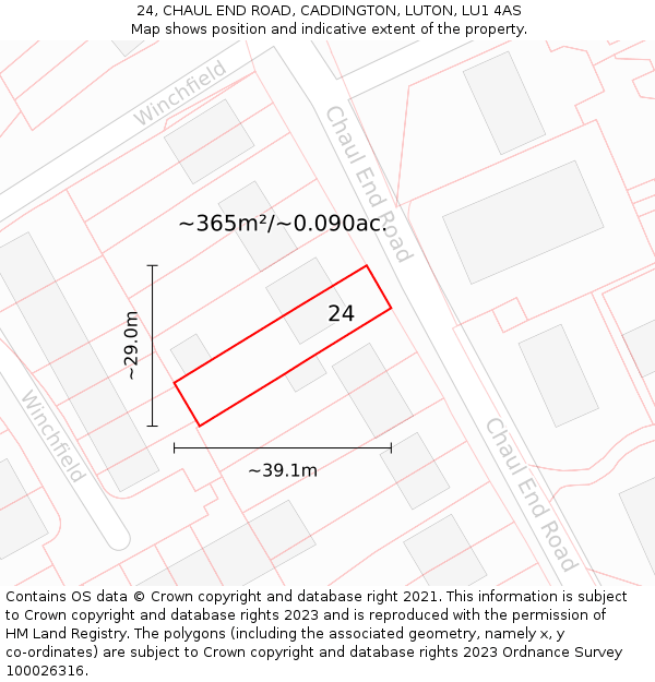 24, CHAUL END ROAD, CADDINGTON, LUTON, LU1 4AS: Plot and title map