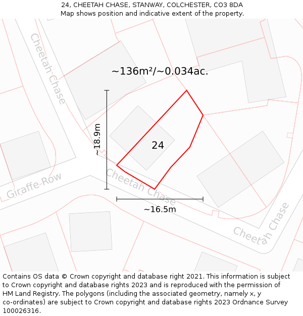 24, CHEETAH CHASE, STANWAY, COLCHESTER, CO3 8DA: Plot and title map