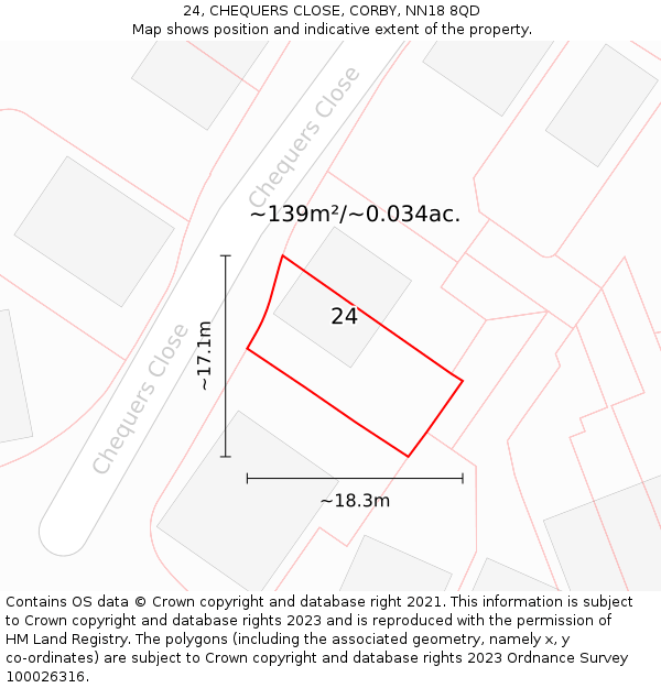 24, CHEQUERS CLOSE, CORBY, NN18 8QD: Plot and title map