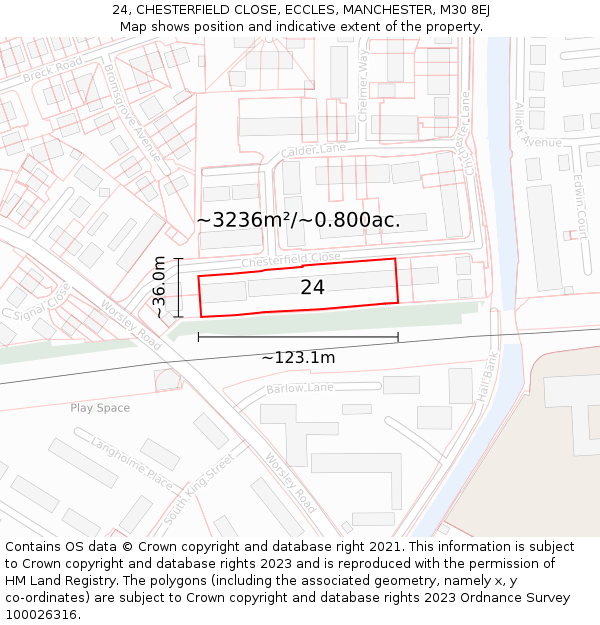24, CHESTERFIELD CLOSE, ECCLES, MANCHESTER, M30 8EJ: Plot and title map