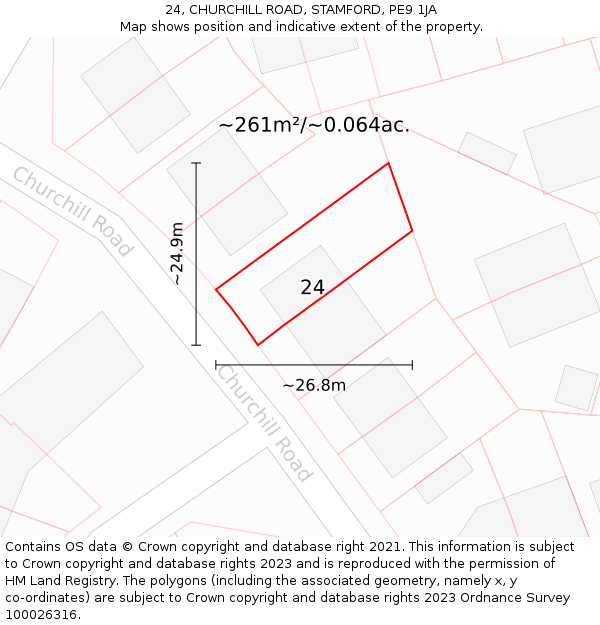 24, CHURCHILL ROAD, STAMFORD, PE9 1JA: Plot and title map