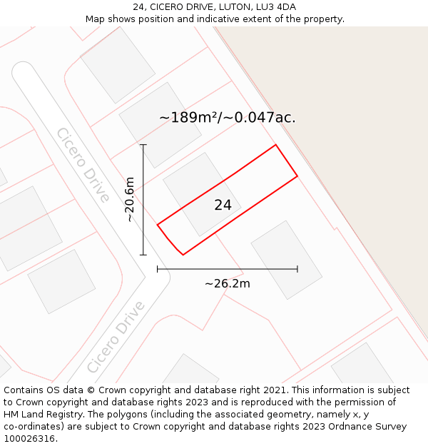 24, CICERO DRIVE, LUTON, LU3 4DA: Plot and title map