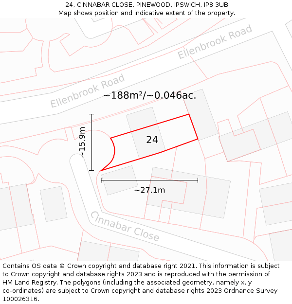 24, CINNABAR CLOSE, PINEWOOD, IPSWICH, IP8 3UB: Plot and title map