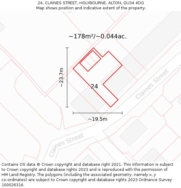 24, CLAINES STREET, HOLYBOURNE, ALTON, GU34 4DG: Plot and title map
