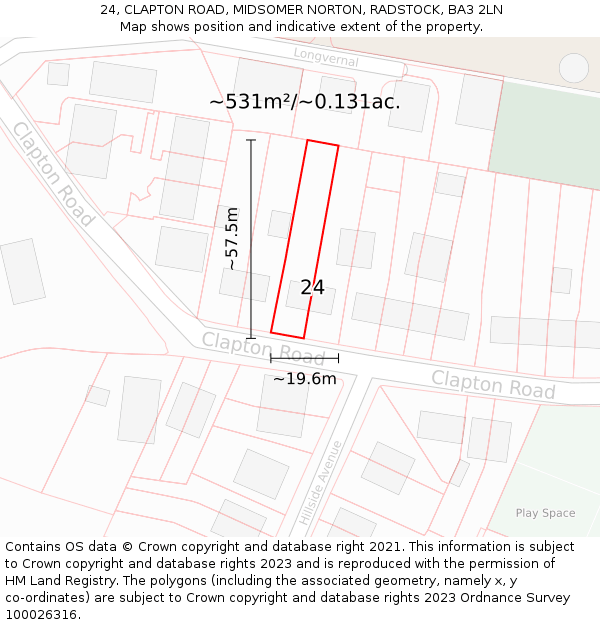 24, CLAPTON ROAD, MIDSOMER NORTON, RADSTOCK, BA3 2LN: Plot and title map