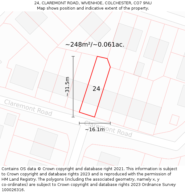 24, CLAREMONT ROAD, WIVENHOE, COLCHESTER, CO7 9NU: Plot and title map