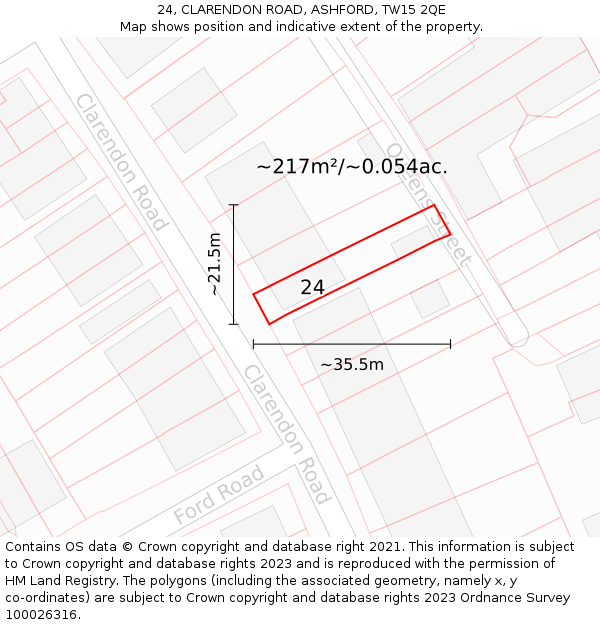 24, CLARENDON ROAD, ASHFORD, TW15 2QE: Plot and title map