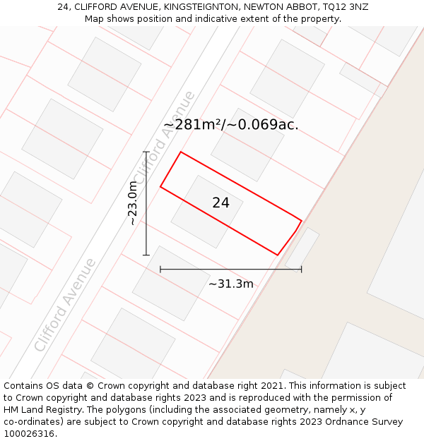 24, CLIFFORD AVENUE, KINGSTEIGNTON, NEWTON ABBOT, TQ12 3NZ: Plot and title map