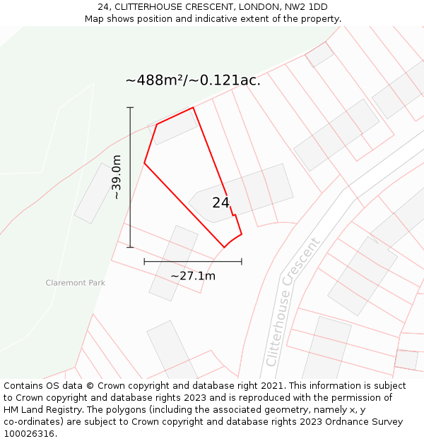 24, CLITTERHOUSE CRESCENT, LONDON, NW2 1DD: Plot and title map