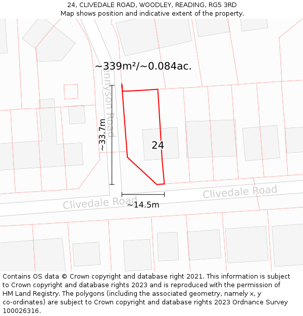 24, CLIVEDALE ROAD, WOODLEY, READING, RG5 3RD: Plot and title map