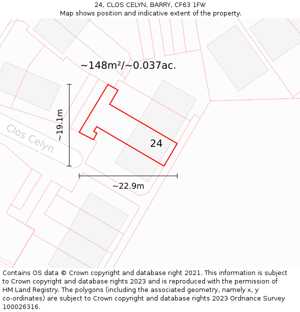 24, CLOS CELYN, BARRY, CF63 1FW: Plot and title map