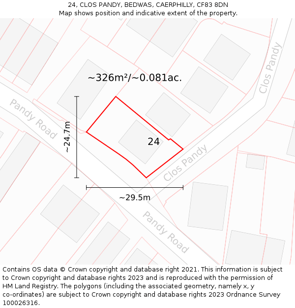 24, CLOS PANDY, BEDWAS, CAERPHILLY, CF83 8DN: Plot and title map