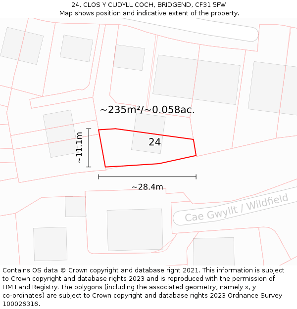 24, CLOS Y CUDYLL COCH, BRIDGEND, CF31 5FW: Plot and title map