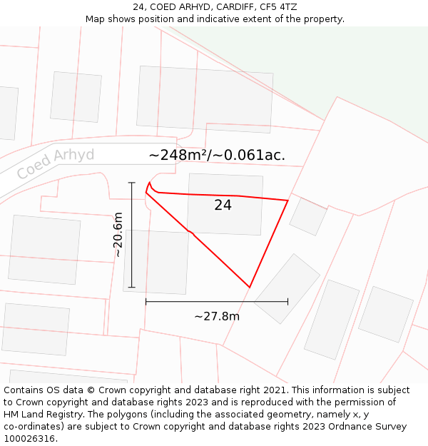 24, COED ARHYD, CARDIFF, CF5 4TZ: Plot and title map