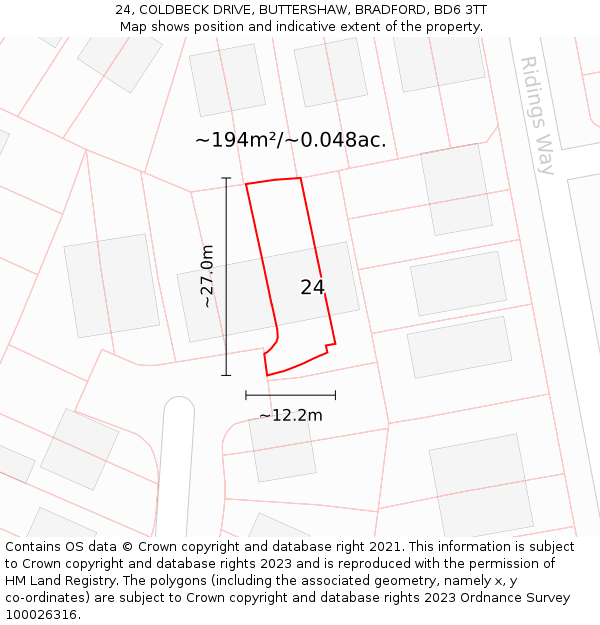 24, COLDBECK DRIVE, BUTTERSHAW, BRADFORD, BD6 3TT: Plot and title map