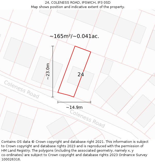 24, COLENESS ROAD, IPSWICH, IP3 0SD: Plot and title map