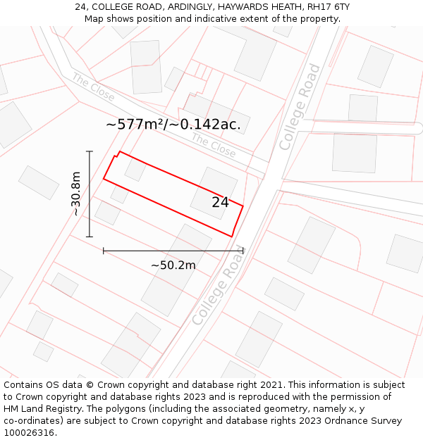 24, COLLEGE ROAD, ARDINGLY, HAYWARDS HEATH, RH17 6TY: Plot and title map