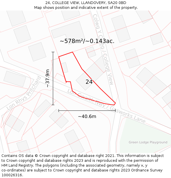 24, COLLEGE VIEW, LLANDOVERY, SA20 0BD: Plot and title map