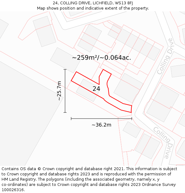 24, COLLING DRIVE, LICHFIELD, WS13 8FJ: Plot and title map