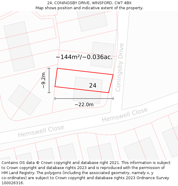 24, CONINGSBY DRIVE, WINSFORD, CW7 4BX: Plot and title map
