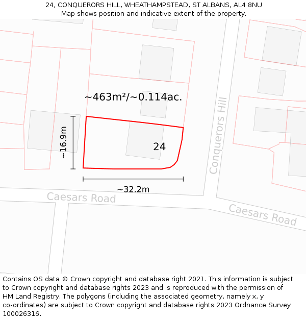 24, CONQUERORS HILL, WHEATHAMPSTEAD, ST ALBANS, AL4 8NU: Plot and title map