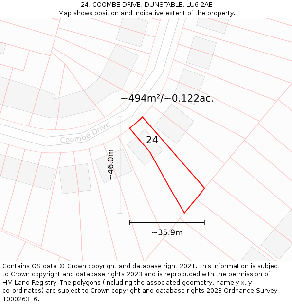 24, COOMBE DRIVE, DUNSTABLE, LU6 2AE: Plot and title map