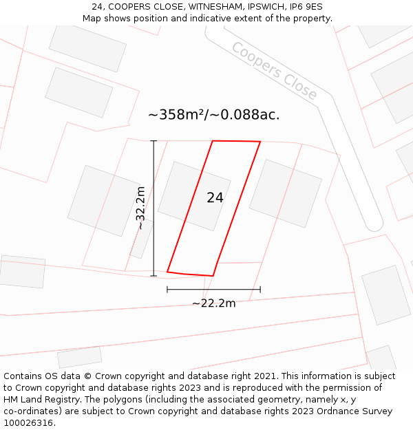 24, COOPERS CLOSE, WITNESHAM, IPSWICH, IP6 9ES: Plot and title map
