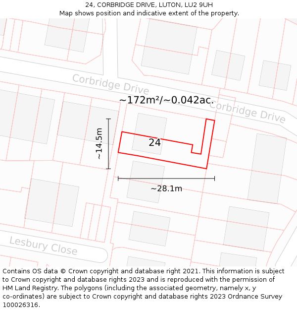 24, CORBRIDGE DRIVE, LUTON, LU2 9UH: Plot and title map