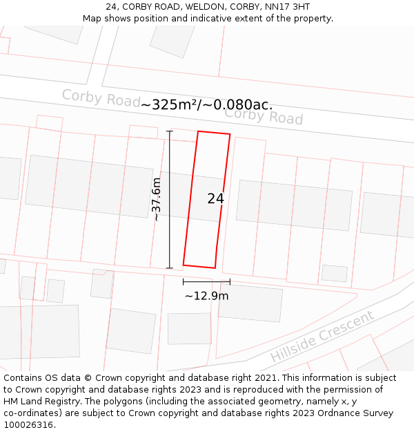 24, CORBY ROAD, WELDON, CORBY, NN17 3HT: Plot and title map
