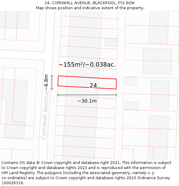 24, CORNWALL AVENUE, BLACKPOOL, FY2 9QW: Plot and title map
