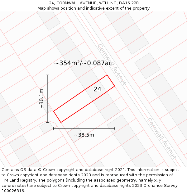 24, CORNWALL AVENUE, WELLING, DA16 2PR: Plot and title map