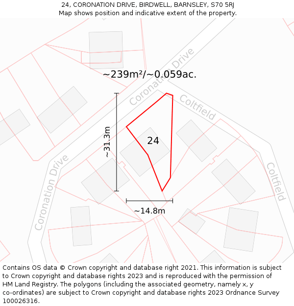 24, CORONATION DRIVE, BIRDWELL, BARNSLEY, S70 5RJ: Plot and title map