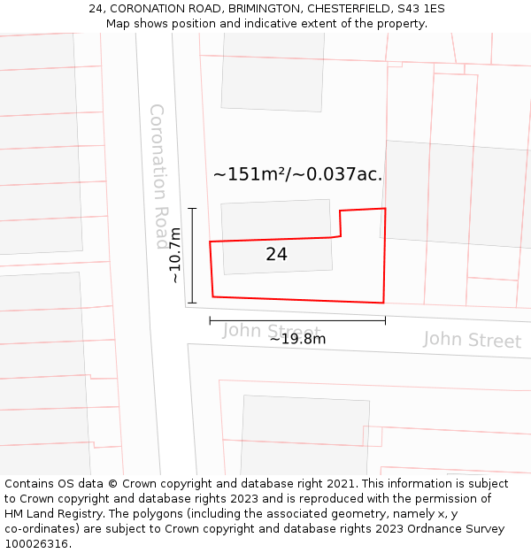 24, CORONATION ROAD, BRIMINGTON, CHESTERFIELD, S43 1ES: Plot and title map