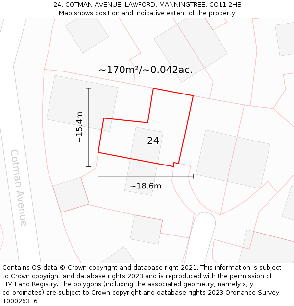 24, COTMAN AVENUE, LAWFORD, MANNINGTREE, CO11 2HB: Plot and title map