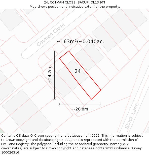 24, COTMAN CLOSE, BACUP, OL13 9TT: Plot and title map