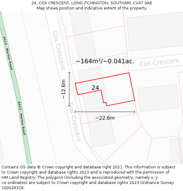 24, COX CRESCENT, LONG ITCHINGTON, SOUTHAM, CV47 9AE: Plot and title map