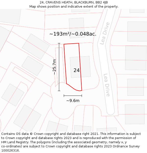 24, CRAVENS HEATH, BLACKBURN, BB2 4JB: Plot and title map