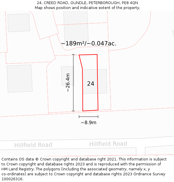 24, CREED ROAD, OUNDLE, PETERBOROUGH, PE8 4QN: Plot and title map