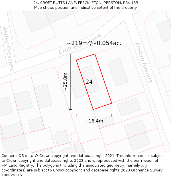 24, CROFT BUTTS LANE, FRECKLETON, PRESTON, PR4 1RB: Plot and title map