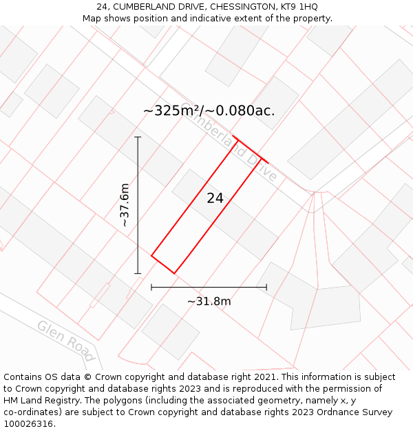 24, CUMBERLAND DRIVE, CHESSINGTON, KT9 1HQ: Plot and title map