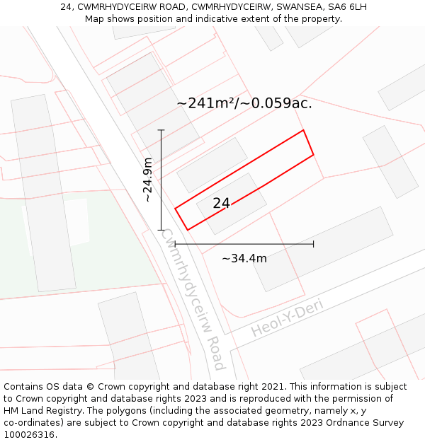 24, CWMRHYDYCEIRW ROAD, CWMRHYDYCEIRW, SWANSEA, SA6 6LH: Plot and title map