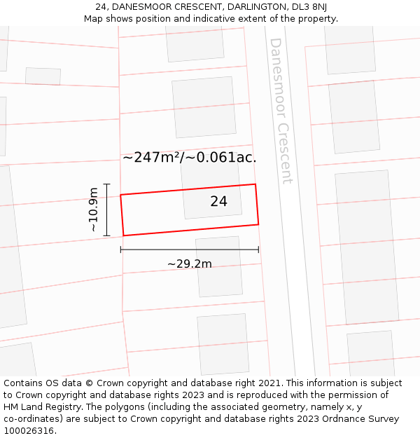 24, DANESMOOR CRESCENT, DARLINGTON, DL3 8NJ: Plot and title map