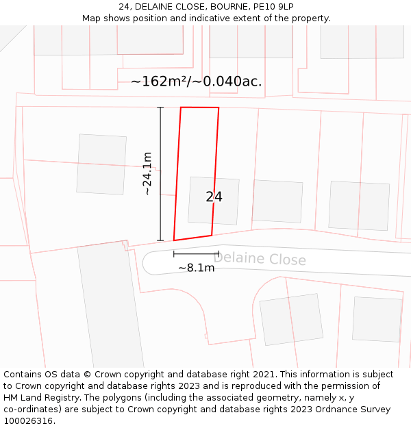 24, DELAINE CLOSE, BOURNE, PE10 9LP: Plot and title map