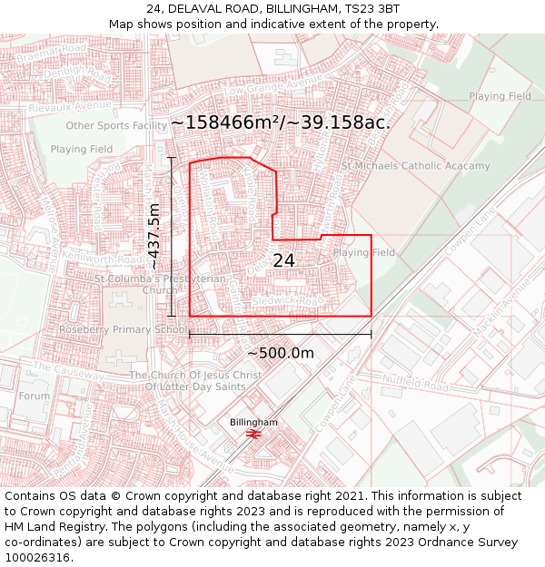 24, DELAVAL ROAD, BILLINGHAM, TS23 3BT: Plot and title map