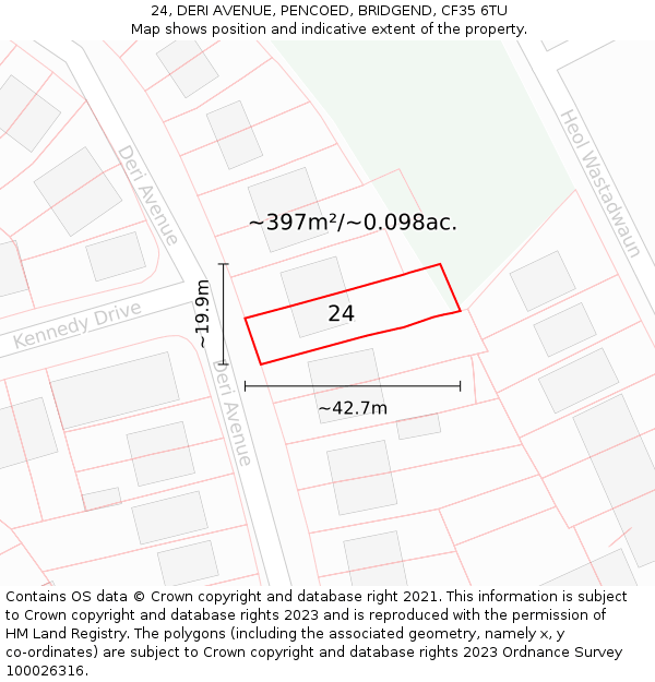 24, DERI AVENUE, PENCOED, BRIDGEND, CF35 6TU: Plot and title map