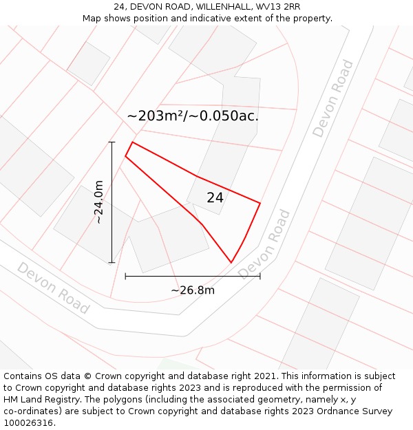 24, DEVON ROAD, WILLENHALL, WV13 2RR: Plot and title map