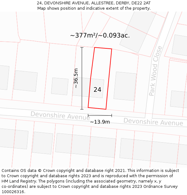 24, DEVONSHIRE AVENUE, ALLESTREE, DERBY, DE22 2AT: Plot and title map